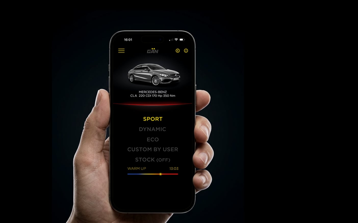 App GAN en un smartphone: modos SPORT, DYNAMIC, ECO, CUSTOM BY USER y STOCK