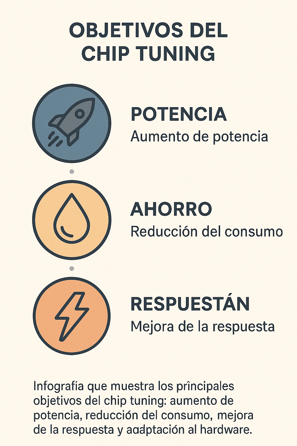 Infografía que muestra los principales objetivos del chip tuning: aumento de potencia, reducción del consumo, mejora de la respuesta y adaptación al hardware.